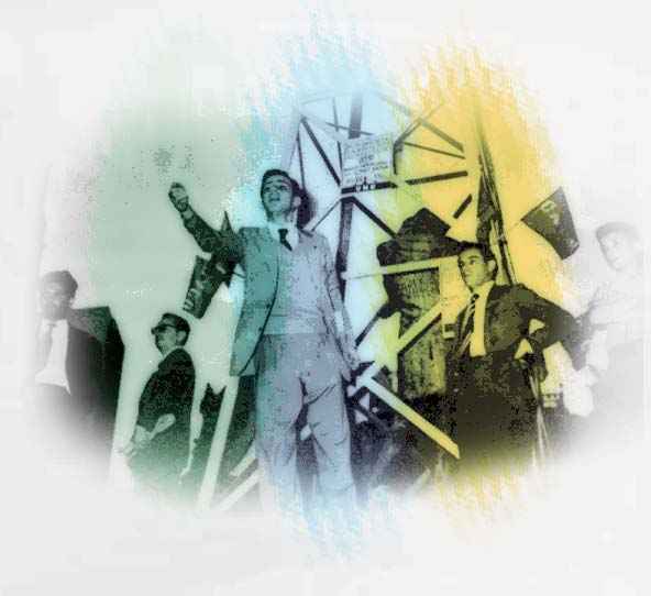 imagem antiga mostrando jovens com ternos, um jovem com o braço levantado em destaque